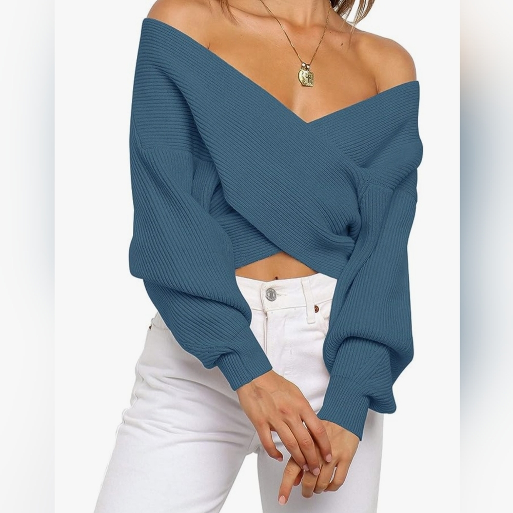 Wrap V Neck Cropped Sweater